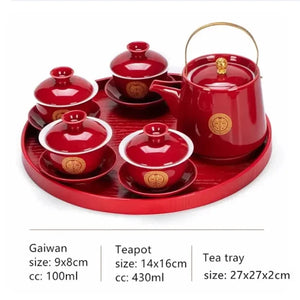 Red Chinese Tea Ceremony Set with Tray | Ceramic Wedding Teapot + Gaiwan Sets