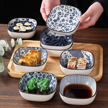 Load image into Gallery viewer, Blue &amp; White Rounded Ceramic Japanese Square Soy Sauce Dishes - 4/6 Pc Sets