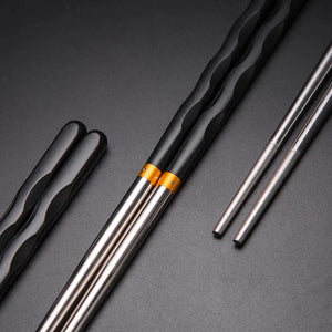 Black & White Wavy Chopsticks | Japanese Metal Stainless Steel Luxury Set - 5 Pairs