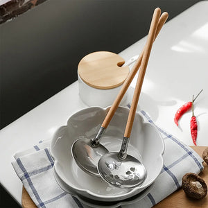 Japanese Metal Ladle with Wooden Handle | Asian Soup Spoons and Strainer - 1 Pc Style