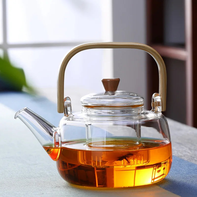 Glass Teapot On Stove with Bamboo Handle | Borosilicate Tea Kettle - 1 Pc