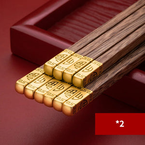 Premium Gold Fortune Wood Luxury Chinese Chopsticks - 5/10 Pair Set