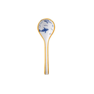 Exquisite Blue Pattern Ceramic Asian Soup Spoons | Yellow Japanese Long Handle Spoon - 1 Pc