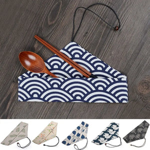 Japanese Portable Chopsticks & Spoon in Pouch | Travel Cotton Linen Fabric Bag - 1 Set