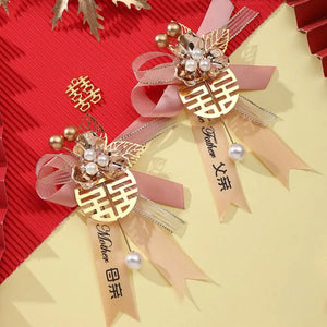 Red Boutonniere Pins | Chinese Wedding Decorative Corsage - 2 Pc Set