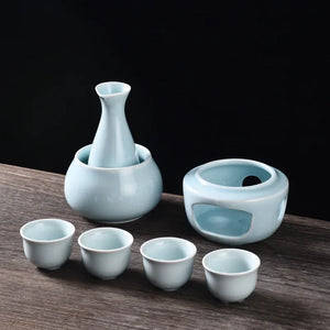 Sake Set with Warmer | Ceramic Tokkuri Sake Bottle, 4 Cups, 1 Warming Cup, 1 Candle Heating Stove - 6 pc