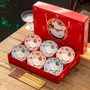 Lucky Cat Japanese Bowls and Wood Chopsticks Set with Gift Box- 2/4/6 Pairs