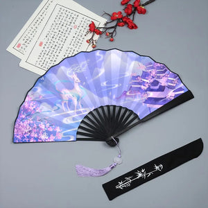 Purple Japanese Deer Hand Fans | Folding Fan with Case - 1 Pc