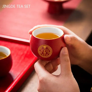 Red Chinese Wedding Tea Set with Tray | Traditional Ceramic Double Happiness Ceremony Tea Pot and Cups