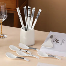 Load image into Gallery viewer, White Ceramic Chopsticks &amp; Asian Soup Spoons Gift with Rice Paddle - 5 Pair Set