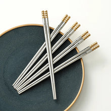 Load image into Gallery viewer, Gold Bead Silver Stainless Steel Metal Korean Portable Travel Chopsticks - 1/5/10 Pairs