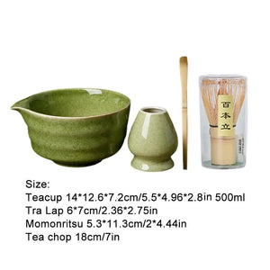 Green Japanese Matcha Set| Chawan Bowl with Bamboo Whisk Scoop and Holder - 4 Pc