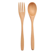 Load image into Gallery viewer, Braided Handle Wood Asian Soup Spoons and Fork Utensils 2 Pc Set