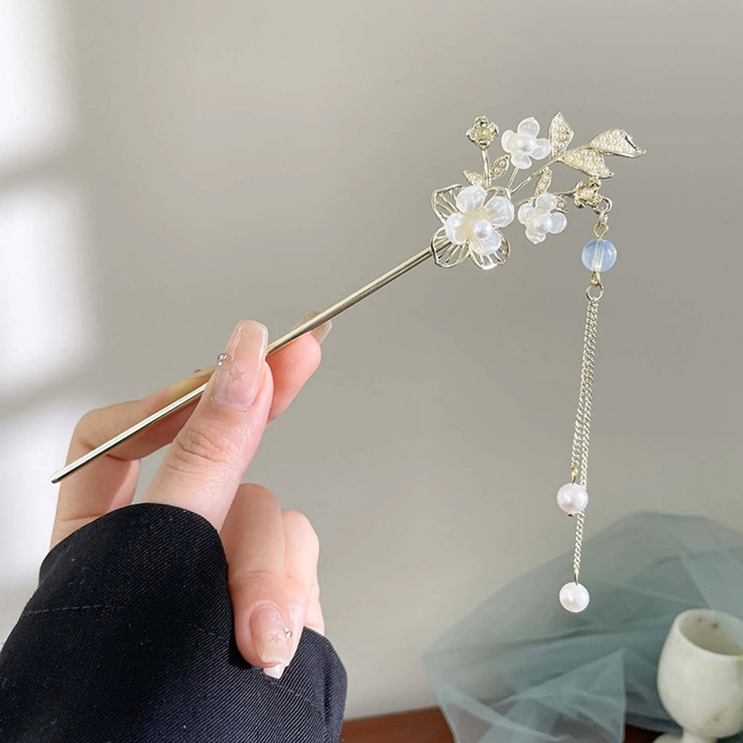 Dainty White & Blue Hair Sticks | Chinese Flower Silver Metal Pin - 1 Pc