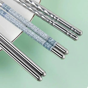 Ornate Blue Silver Luxury Chopsticks Set| Korean Metal Stainless Steel - 5 Pairs