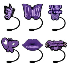 Load image into Gallery viewer, Purple Butterfly Straw Toppers | Silicone Cup Covers - 6 Pc Set