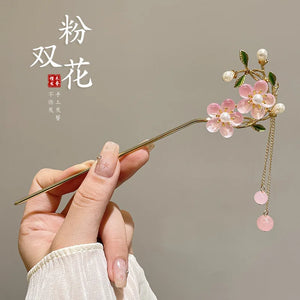 Pink & Gold Flowers Cute Hair Sticks | Chinese Gold Plated Metal Pin - 1 Pc