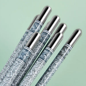 Ornate Blue Silver Luxury Chopsticks Set| Korean Metal Stainless Steel - 5 Pairs