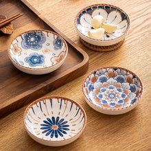 Load image into Gallery viewer, Brown &amp; Blue Floral Soy Sauce Dish | Ceramic Small Seasoning Dipping Bowl - 4 Pc Set