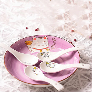 Lucky Cat Soup Spoon | Asian White Ceramic Bone China - 1 Pc