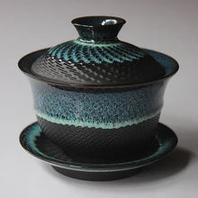 Load image into Gallery viewer, Black &amp; Teal Gaiwan Tea Cup | Handmade Blue Ceramic Teapot Set