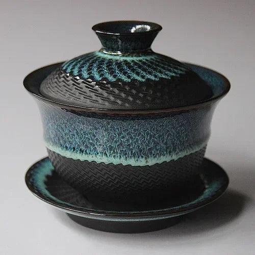 Black & Teal Gaiwan Tea Cup | Handmade Blue Ceramic Teapot Set