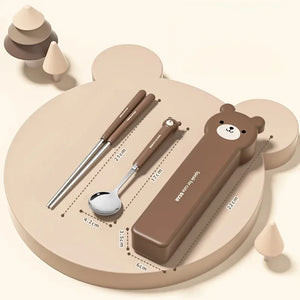 Cute Bear Stainless Steel Travel Utensil Set | Chopsticks Spoon Fork with Case