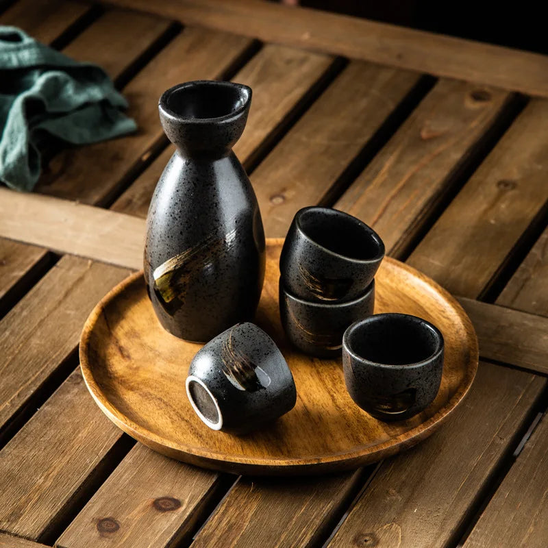 Black Gold Japanese Sake Set | Porcelain Tokkuri Sake Bottle and