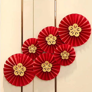 Red Paper Fan Sign Hanging Banner | Chinese Vietnamese Wedding - 6 Pc Set