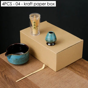 Cyan & Black Matcha Set | Chawan, Scoop, Whisk, and Holder - 4 Pc