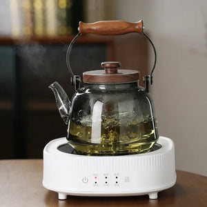 Walnut Handle Glass Teapot on Stove | High Borosilicate Tea Infuser Kettle