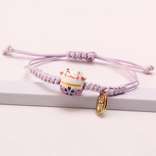 Load image into Gallery viewer, Pruple Lucky Cat Braided Bracelet | Adjustable Ceramic Kitty Jewelry with Gold Charm - 1 Pc