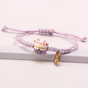 Pruple Lucky Cat Braided Bracelet | Adjustable Ceramic Kitty Jewelry with Gold Charm - 1 Pc