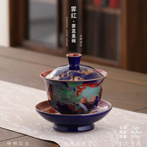 Royal Dragon Gaiwan Tea Bowl Set with Lid Saucer | Blue Ceramic Enamel