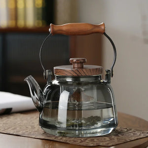 Walnut Handle Glass Teapot on Stove | High Borosilicate Tea Infuser Kettle