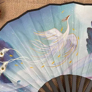 White Phoenix Bird Silk Chinese Fan | Traditional Bamboo Folding Fan - 1 Pc