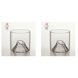 Fuji Japanese Whiskey Glass Set | Raised Ice Moutain Liquor Spirit Cup - Set of 2