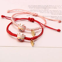 Load image into Gallery viewer, Red Lucky Cat Braided Bracelet | Adjustable Ceramic Kitty Jewelry with Gold Charm - 1 Pc