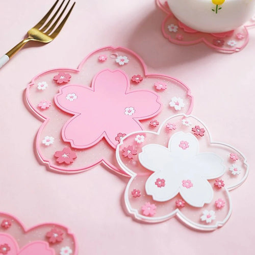 Pink Sakura Cute Coasters for Drinks | Japanese Cherry Blossom Mats - 1 Pc