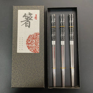Black & Silver Floral Korean Metal Stainless Steel Chopsticks with Holders| 2/3/5 Pairs