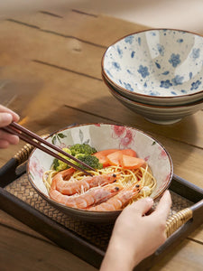 Pink Flower Japanese Bowls | Vintage Large Ceramic Noodle Ramen Soup - 1 Pc