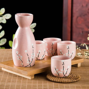 Pink Sakura Japanese Sake Set | Blue Cherry Blossom Ceramic Tokkuri Sake Bottle and 4 Cups Tray Sets
