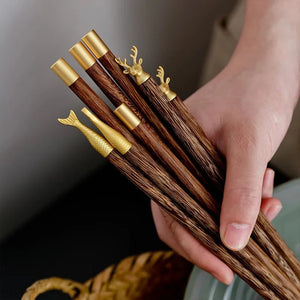 Natural Wood Gold Accent Wooden Luxury Chinese Chopsticks - 5 Pair Set