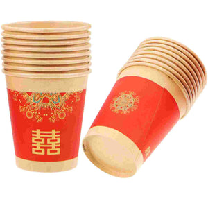 Disposable Chinese Wedding Paper Cups for Tea Ceremony | Red Double Happiness - 50 Pc Set