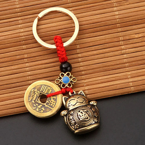 Brass Lucky Cat Keychain | Bronze Fortune Kitty Key Ring - 1 Pc