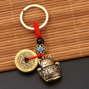 Brass Lucky Cat Keychain | Bronze Fortune Kitty Key Ring - 1 Pc