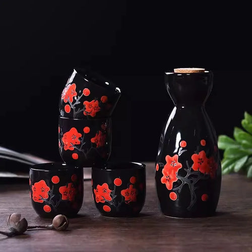 Black and Red Sakura Sake Set | Dark Cherry Blossom Tokkuri Bottle and Sake Cup - 5 Pcs