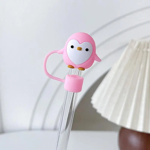 Cute Pink Penguin Straw Toppers | Silicone Cup Covers Cap - 1 Pc