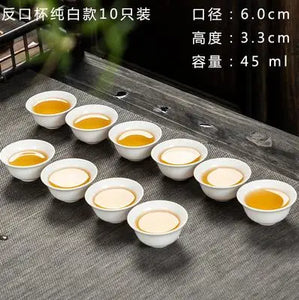 Traditional Delicate White Porcelain Ceramic Chinese Tea Cups - 10 Pc Set