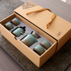 Spring Blue Chinese Tea Set with Giftbox | Modern Pottery Cups - 8 Pc